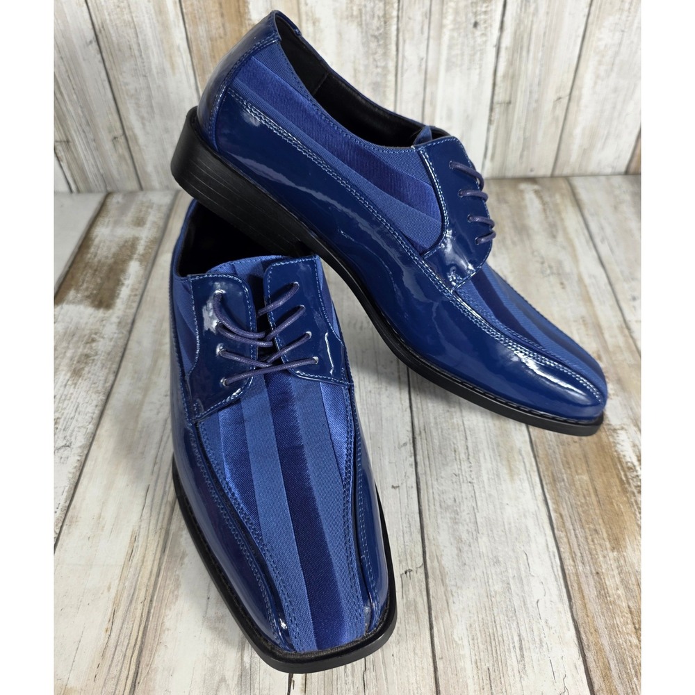 Parrazo Mens Blue Patent Leather Striped Fabric Square Toe Dress Shoes Size 8.5